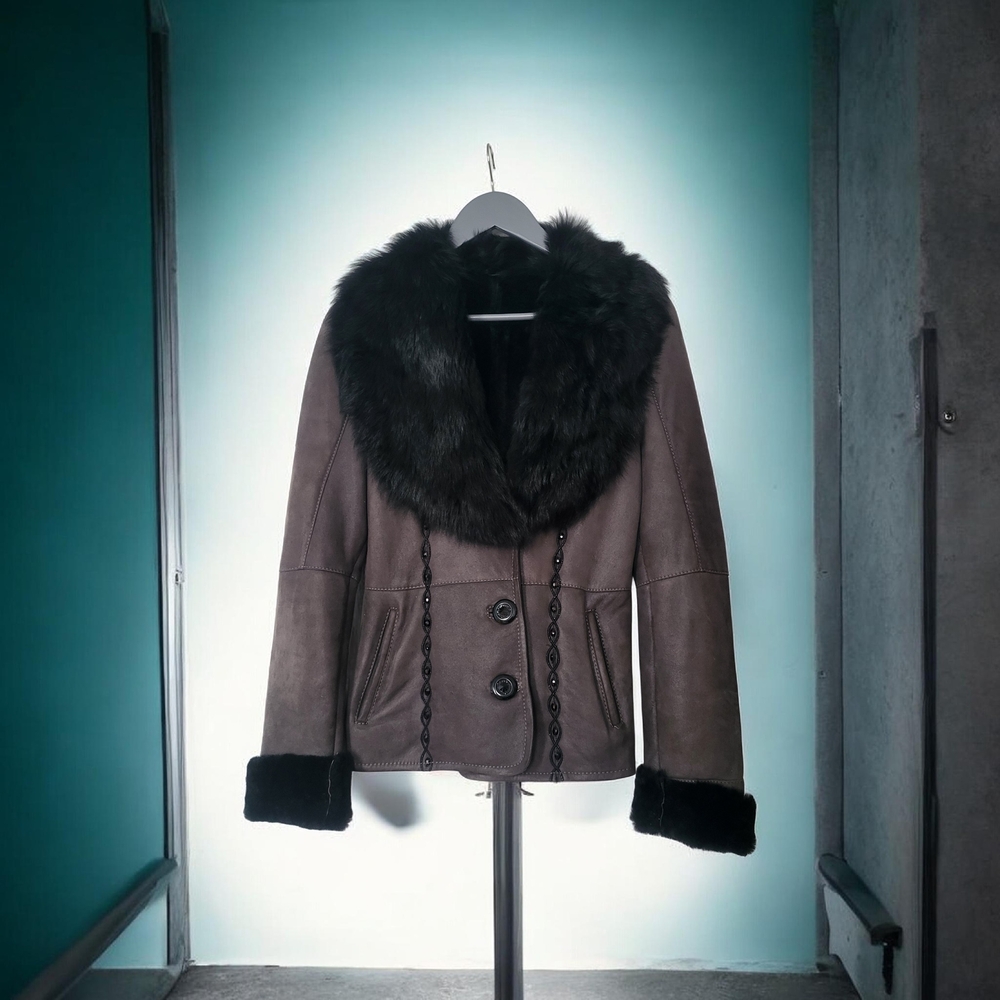 Italian Leather Fur Jacket Dark Gray Shimmer Sequin Teardrop Embroidered Stone